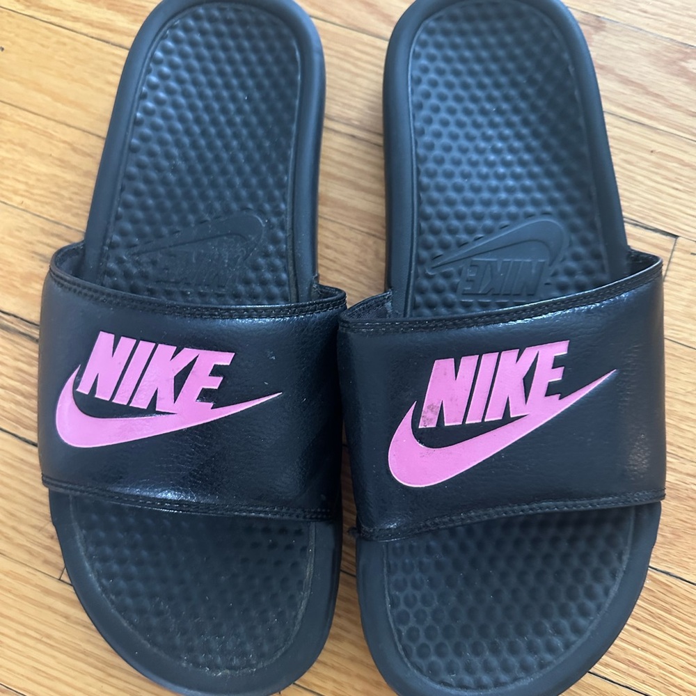 Nike Black and Pink Slide Sandals
